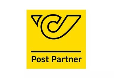 Ein einfaches Logo auf gelbem Hintergrund. Es zeigt das Zeichen eines Postpartners.