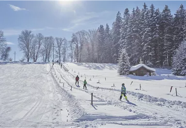 Eine verschneite Landschaft mit einem Skihang und einem kleinen Holzhaus. Einige Menschen genießen das Skifahren und Snowboarden in der Wintersonne.