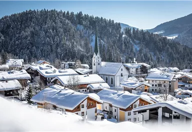 A snowy mountain landscape with a picturesque village. In the background, the trees and mountains rise against a clear blue sky.