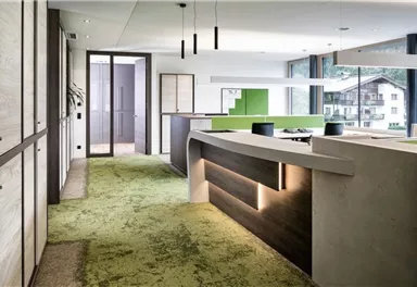 A modern office with an elegant reception area and large windows. The floor is covered with green carpet, and the walls are in neutral tones.