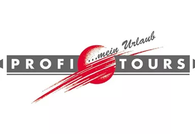 Ein modernes Logo für ein Reiseunternehmen mit dem Namen "Profi Tours". Es enthält ein rotes Symbol und den Slogan "mein Urlaub".