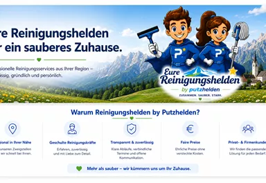 A poster for a cleaning agency featuring two friendly characters holding cleaning supplies. In the background, there are mountains and a green meadow.