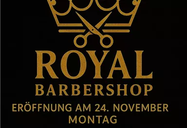 An elegant black sign with golden lettering. It announces the opening of the Royal Barbershop on November 24 and warmly invites customers.