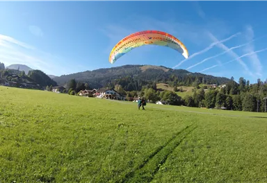Ein Gleitschirm schwebt über eine grüne Wiese in den Bergen. Im Hintergrund sind Bäume und Wohnhäuser sichtbar.