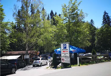 Ein Parkplatz in einer grünen Umgebung mit vielen Bäumen. Auf dem Parkplatz stehen mehrere Autos und im Hintergrund ist ein kleines Gebäude mit einem blauen Dach zu sehen.
