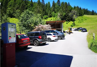 A parking lot in nature, surrounded by green meadows and trees. Various cars can be seen, and in the background, there is a small barn.
