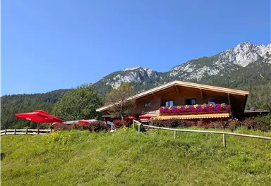 A beautiful house in the mountains with colorful flowers and a sun terrace. In the background, green meadows and majestic mountains can be seen.