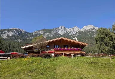 A beautiful chalet amidst green meadows and majestic mountains. The windows are adorned with colorful flowers and the sky is clear blue.