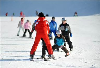 Eine Skischule mit einem Lehrer in roter Kleidung und mehreren Kindern auf Skiern. Die Kinder lernen gemeinsam das Skifahren auf einer verschneiten Piste.