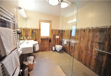A modern bathroom with a transparent shower cabin and wood paneling. There is a sink, a toilet, and windows for natural light.