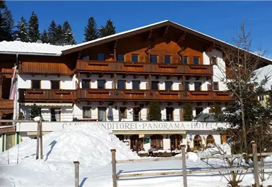 A charming hotel in alpine style, surrounded by snow. The facade is made of wood and has balconies with a view of the mountains.