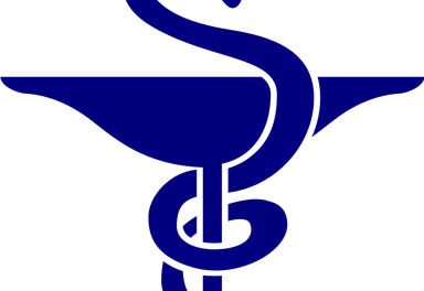 Ein blauer medizinischer Symbol, das eine Schlange darstellt, die sich um einen Kelch windet. Dieses Symbol wird häufig in der Pharmazie verwendet.