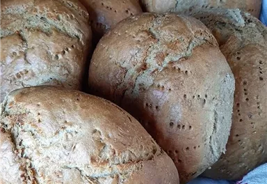 Ein Korb mit frischen Broten, die eine rustikale, goldbraune Kruste haben. Die Brote sind gleichmäßig geformt und haben eine dekorative Oberflächenstruktur.