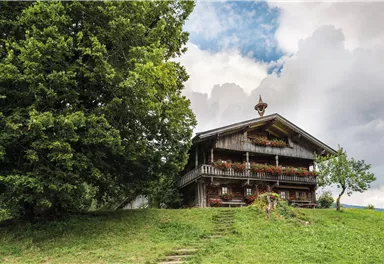 Ein traditionelles Holzhaus in ländlicher Umgebung, umgeben von Bäumen und grüner Wiese. Der Himmel ist teilweise bewölkt und bietet eine idyllische Atmosphäre.