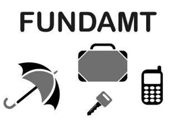 The image shows the word "FUNDAMT" above symbols for an umbrella, a bag, a key, and a mobile phone. These symbols represent lost items.