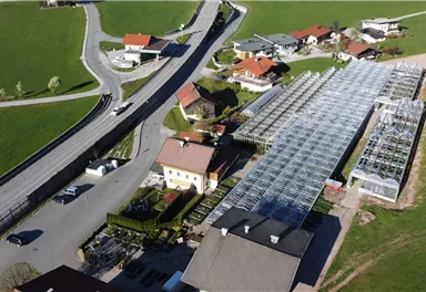 Eine Luftaufnahme eines ländlichen Gebiets mit Wohnhäusern und einem großen Gewächshaus. Im Vordergrund verläuft eine Straße, während im Hintergrund grüne Wiesen zu sehen sind.