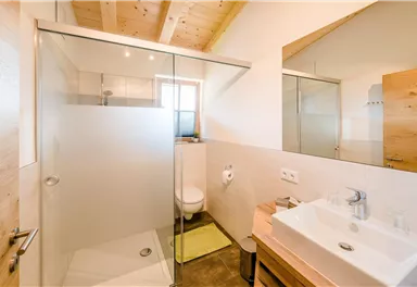 A modern bathroom with a glass shower wall and wooden shelves. It features bright walls and a generous mirror surface.