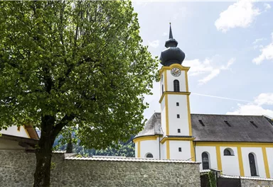 Eine Kirche mit einem markanten Turm und einer großen Uhr steht neben einem Baum. Der Himmel ist klar und die Umgebung wirkt ruhig und einladend.