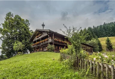 Ein traditionelles Holzhaus umgeben von grünen Wiesen und Bäumen. Im Hintergrund sind sanfte Hügel und eine bewölkte Himmel zu sehen.