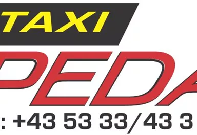 A taxi logo with the name "PEDA". The contact number is +43 53 33/43 3 33.