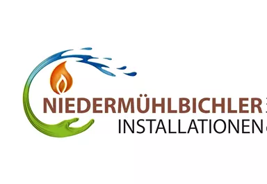 Ein Logo der Firma Niedermühlbichler Installationen GmbH. Es zeigt Wasser und eine Flamme in einem modernen Design.
