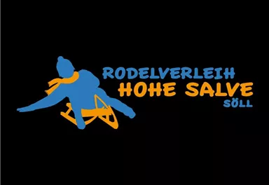 Ein kreatives Logo für einen Rodelverleih namens "Hohe Salve" in Söll. Es zeigt eine stilisierte Figur, die auf einem Schlitten fährt, in blauen und orangefarbenen Farben.