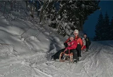 Eine Familie fährt gemeinsam mit einem Schlitten durch den Schnee. Die Umgebung ist winterlich mit verschneiten Bäumen und einer abendlichen Dämmerung.