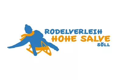 Ein Logo für den Rodelverleih Hohe Salve in Söll. Es zeigt eine Figur auf einem Schlitten und enthält den Schriftzug in lebendigen Farben.