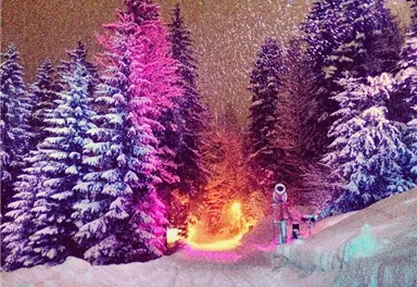 Ein winterlicher Wald mit schneebedeckten Tannen und bunten Lichtern. Schneeflocken fallen sanft vom Himmel.