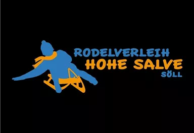 Ein modernes Logo für einen Rodelverleih in Söll. Es zeigt einen Rodelfahrer mit Schals und den Schriftzug „Rodelverleih Hohe Salve“.