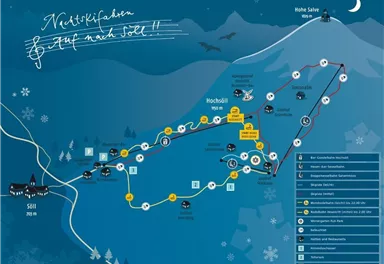 Eine Übersichtskarte mit Skirouten in der Region Söll. Die Karte zeigt verschiedene Pisten und Anlagen, die für Wintersportler zugänglich sind.