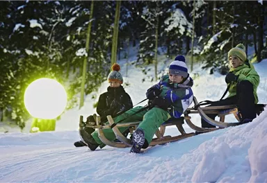 Drei Kinder sitzen auf Schlitten im Schnee und warten auf den Rodelspaß. Der Hintergrund zeigt verschneite Bäume und eine helle Lichtquelle.