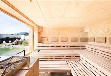 A modern sauna with wooden interiors and large windows. In the background, a green garden is visible.