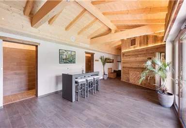 A modern and bright living room with a wooden ceiling and large windows. There is a dining table with chairs and some plants in the room.