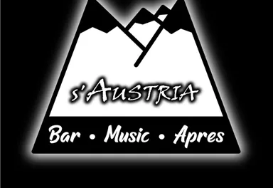 Ein stilisiertes Logo mit Bergen und dem Text „s'AUSTRIA“. Es steht für Bar, Musik und Après-Ski.