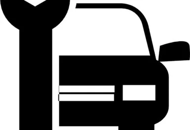 Ein schwarz-weißes Symbol eines Autos neben einem Schraubenschlüssel. Dieses Bild steht für Autoreparatur und Werkstattdienstleistungen.