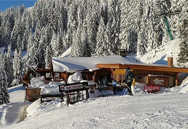 A cozy mountain cabin in the snow, surrounded by tall, snow-covered trees. The sun shines on the winter landscape, creating an inviting atmosphere.