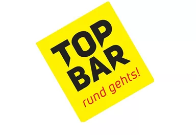 A yellow logo with the text "TOP BAR" and the slogan "round it goes!". It conveys a modern and inviting feel.