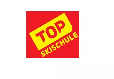 Ein rot-gelbes Logo mit dem Text "TOP SKISCHULE". Es vermittelt die Botschaft einer hochqualitativen Skischule.