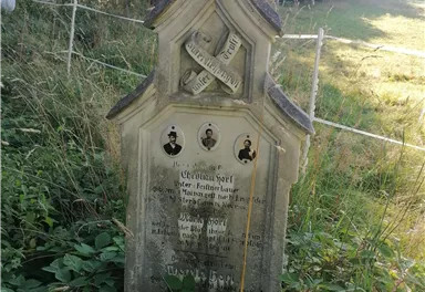 An old, ornate tombstone, surrounded by greenery and trees. The inscription and symbols are partially weathered.