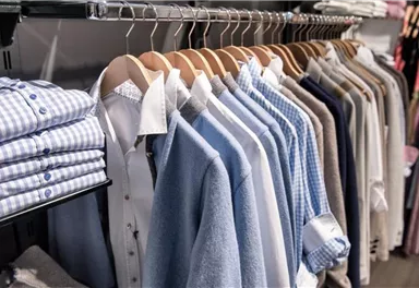 A store with a selection of shirts and blouses. The clothing is neatly arranged on hangers and shelves.
