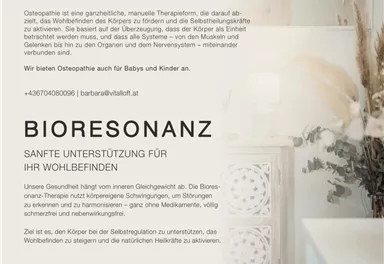 Ein informatives Werbeblatt für vitale Therapien. Es beschreibt Osteopathie und Bioresonanz zur Unterstützung des Wohlbefindens.