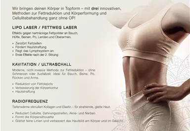 Ein Werbeflyer für ein Wellness-Studio mit dem Schwerpunkt auf Körperformung und Cellulite-Behandlung. Die Dienstleistungen umfassen Lipo Laser, Kavitation und Radiofrequenz.