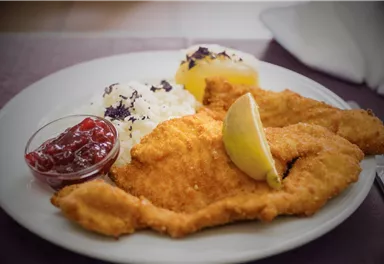 A plate with crispy fish fillet, served with rice, a side of mashed potatoes, and a small bowl of cranberries. A slice of lemon completes the dish.