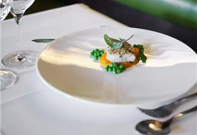 Ein elegantes Gericht auf einem weißen Teller. Es zeigt Fisch mit grünen Erbsen und einer bunten Sauce.