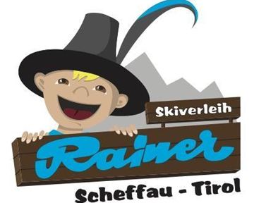 A cheerful boy with a large hat holding a sign that says "Ski Rental Rainer, Scheffau - Tyrol." In the background, stylized mountains can be seen.