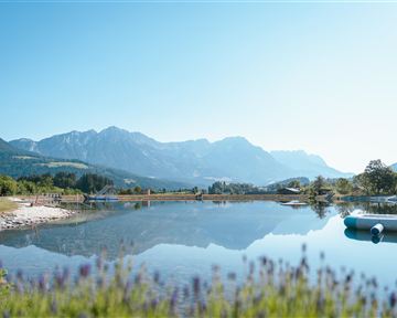 Ein ruhiger See umgeben von Bergen und Bäumen. Der klare Himmel spiegelt sich im Wasser.