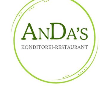 Ein elegantes Logo für ein Konditorei-Restaurant namens "Anda's". Es hat eine grüne Umrandung und zeigt den Namen in stilvoller Schrift.