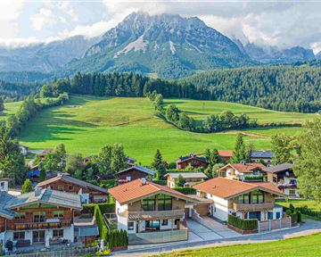 A picturesque landscape with charming houses and lush, green meadows. In the background rises a majestic mountain under a bright sky.