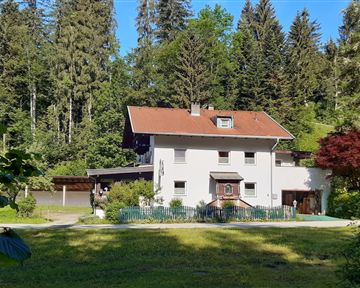 A beautiful house surrounded by trees in a nature-friendly environment. The garden is well-maintained and invites you to linger.
